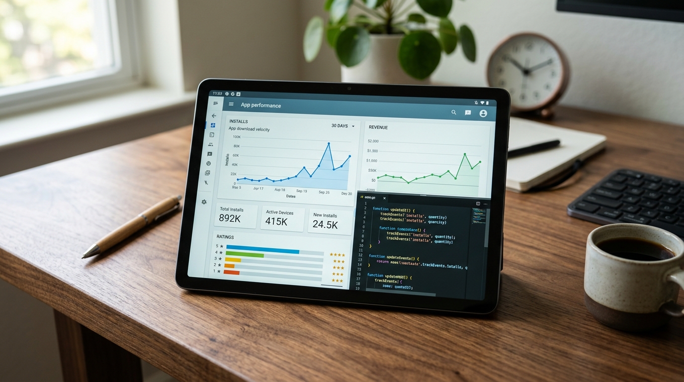 Google Play Store Android ASO optimization analytics showing app title keywords and store listing conversion